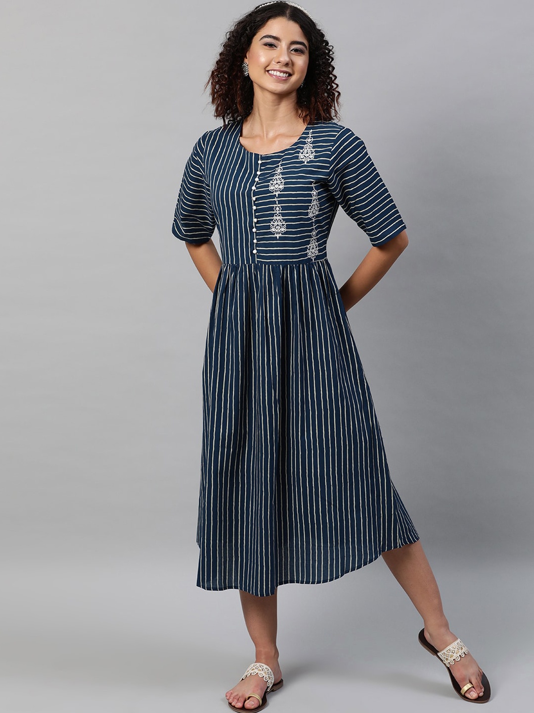 

STREET 9 Woman Navy Blue Striped A-Line Midi Dress