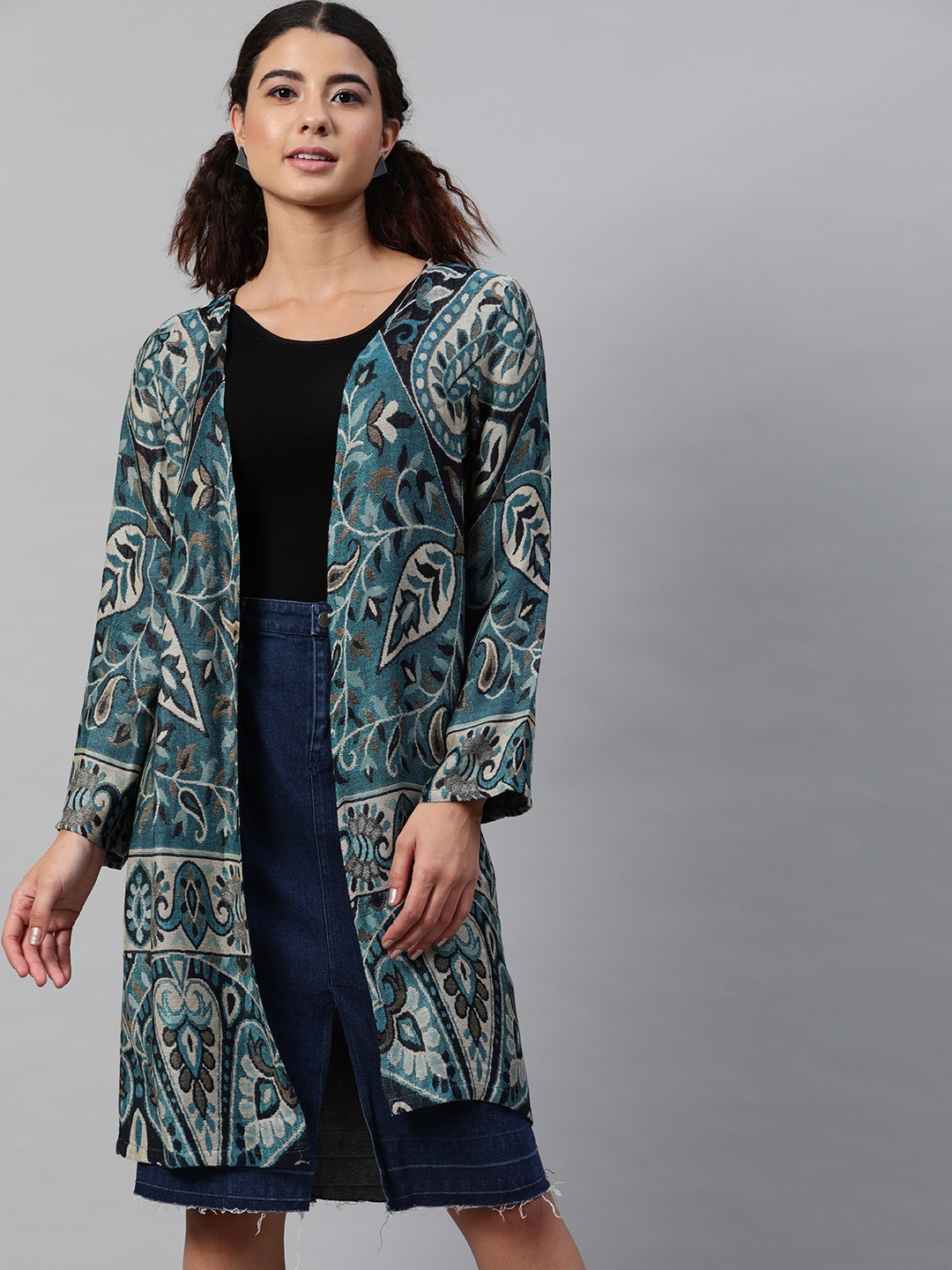 

STREET 9 Women Teal Green & Off White Floral Printed Open-Front Shrug