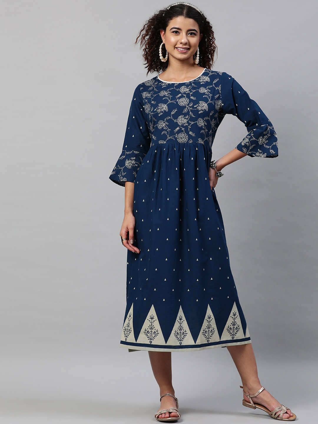 

STREET 9 Woman Navy Blue Ethnic Motifs Midi Dress