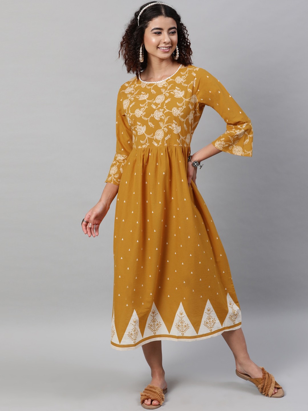 

STREET 9 Mustard Yellow & White Ethnic Motifs Maxi Midi Dress