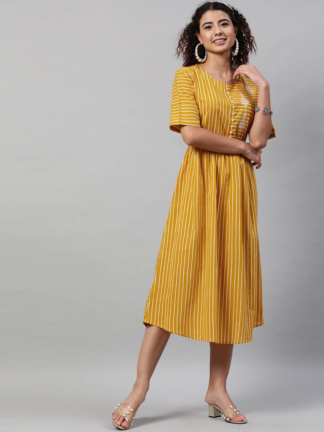

STREET 9 Yellow & White Striped A-Line Midi Dress