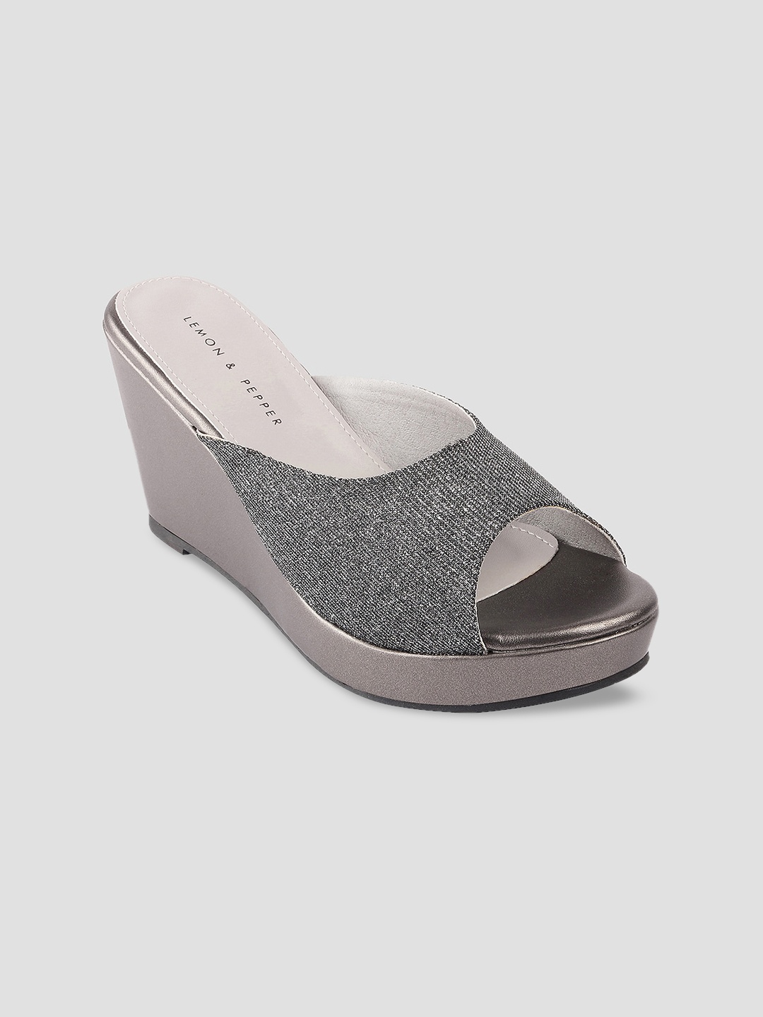 

LEMON & PEPPER Gunmetal-Toned Embellished Wedge Peep Toes, Metallic