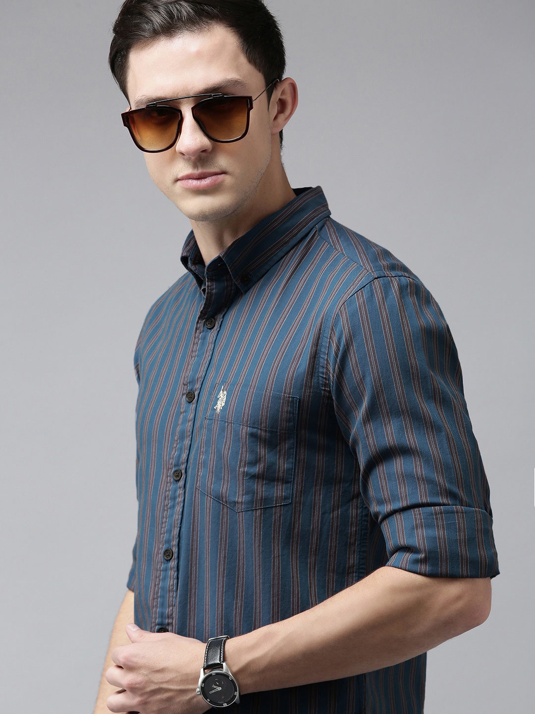 

U S Polo Assn Men Teal Blue And Brown Striped Tailored Fit Pure Cotton Casual Shirt