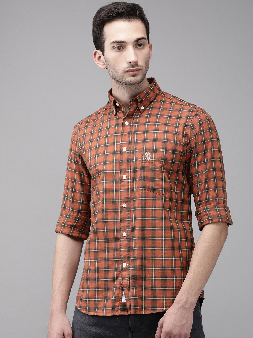 

U S Polo Assn Men Brown Opaque Tailored Fit Checked Cotton Casual Shirt
