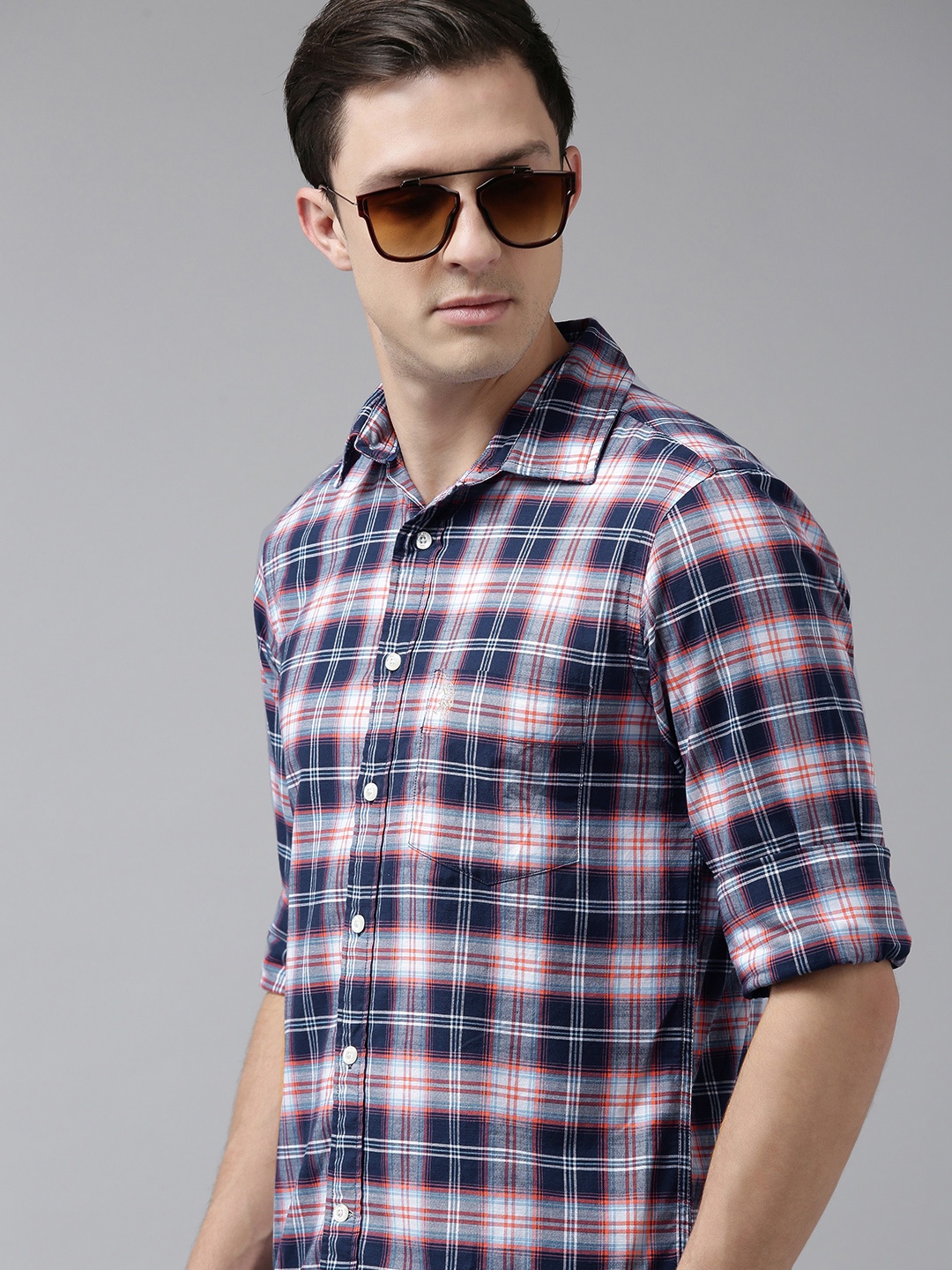 

U S Polo Assn Men Navy Blue Tailored Fit Tartan Checked Opaque Casual Shirt