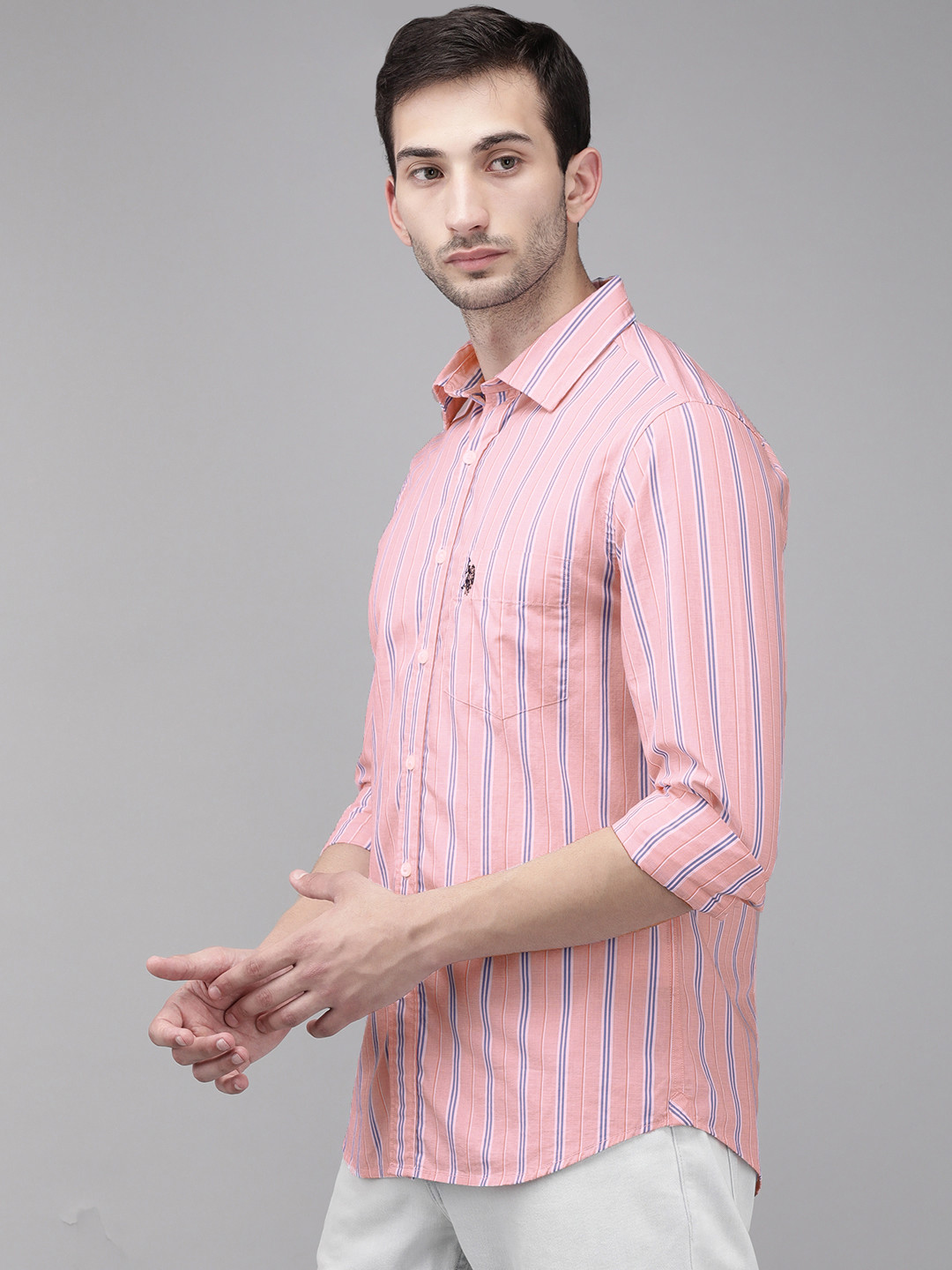

U S Polo Assn Men Pink & White Striped Tailored Fit Pure Cotton Casual Shirt