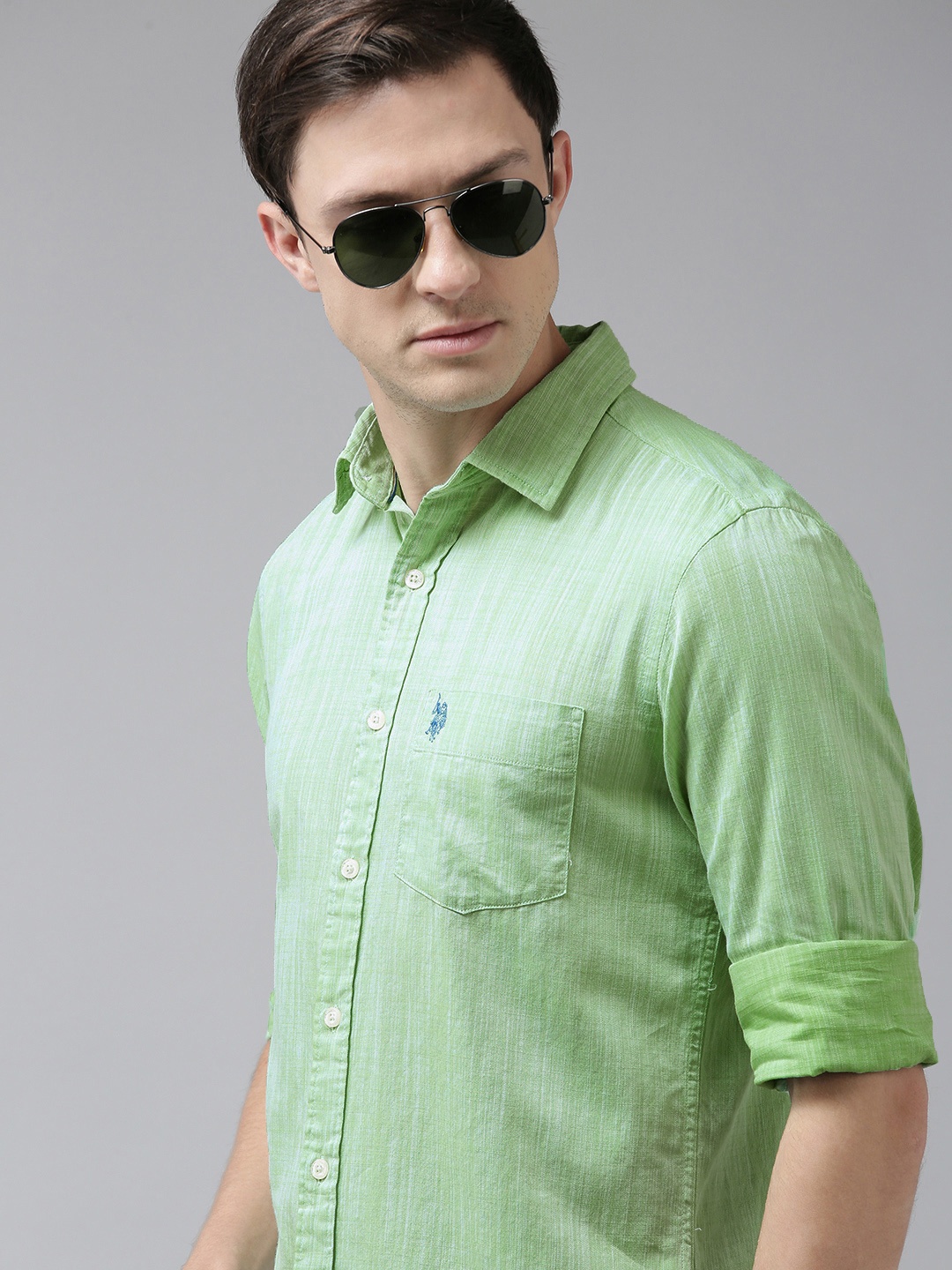 

U S Polo Assn Men Green Tailored Fit Opaque Pure Cotton Casual Shirt