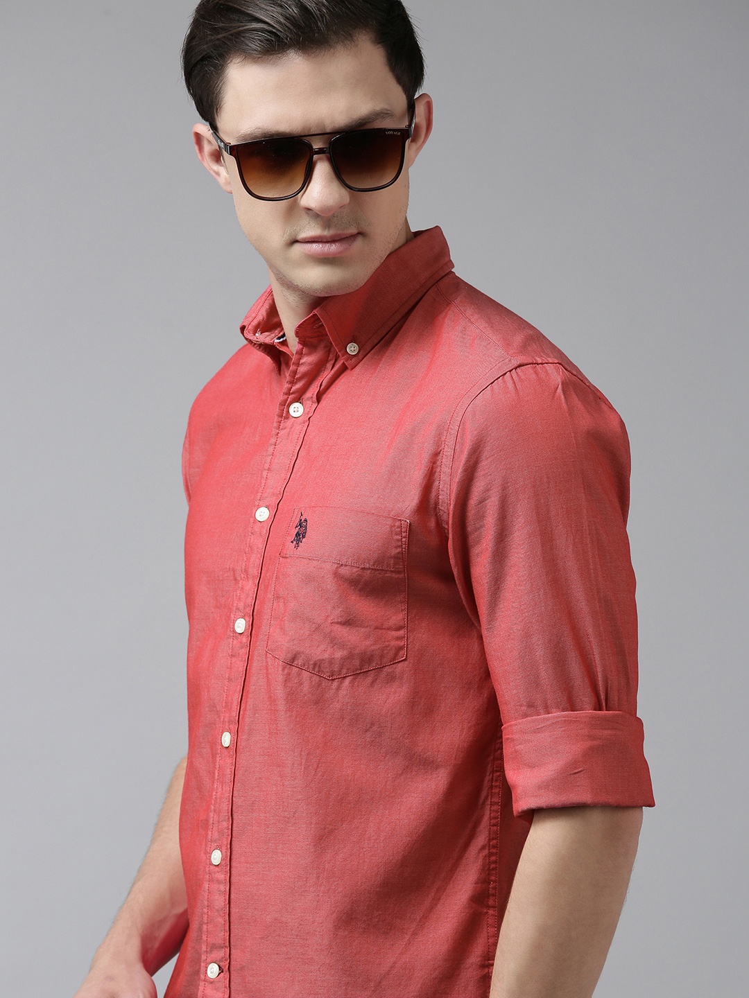 

U S Polo Assn Men Coral Red Solid Tailored Fit Pure Cotton Casual Shirt