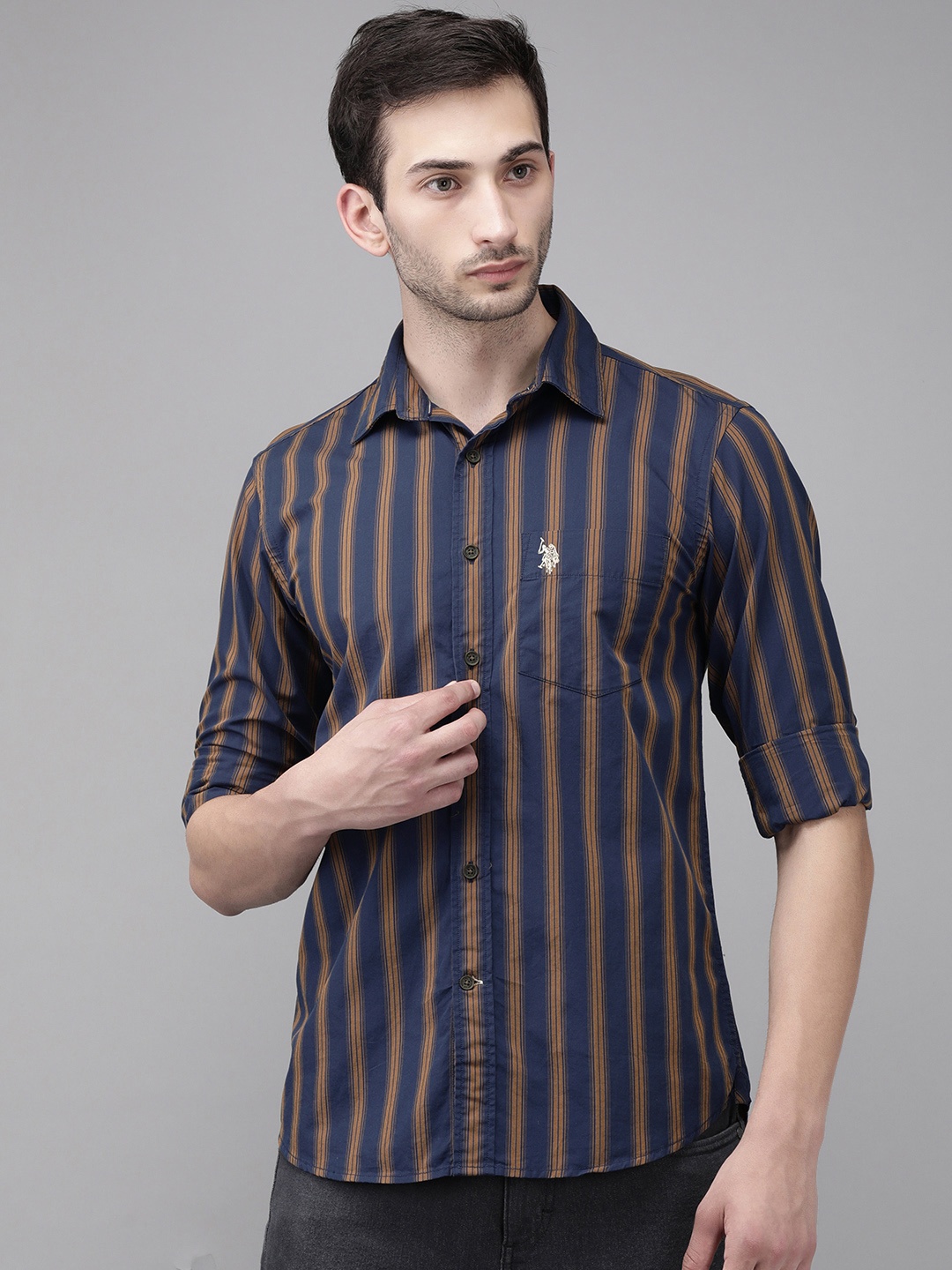 

U S Polo Assn Men Navy Blue & Brown Striped Tailored Fit Pure Cotton Casual Shirt