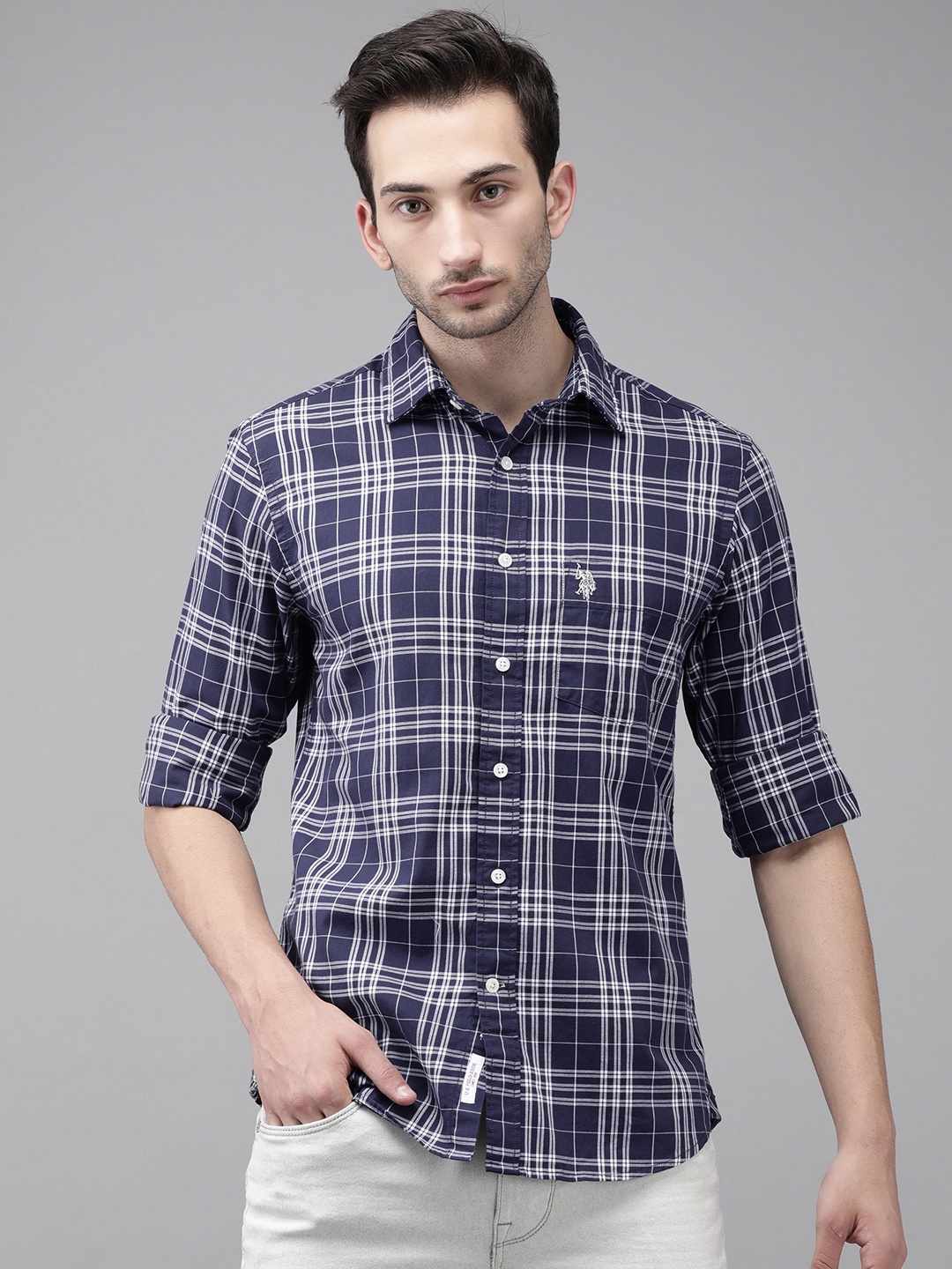 

U S Polo Assn Men Blue Opaque Checked Tailored Fit Cotton Casual Shirt