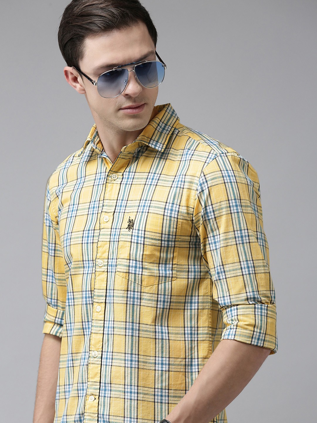 

U S Polo Assn Men Yellow And Blue Checked Tailored Fit Pure Cotton Casual Shirt