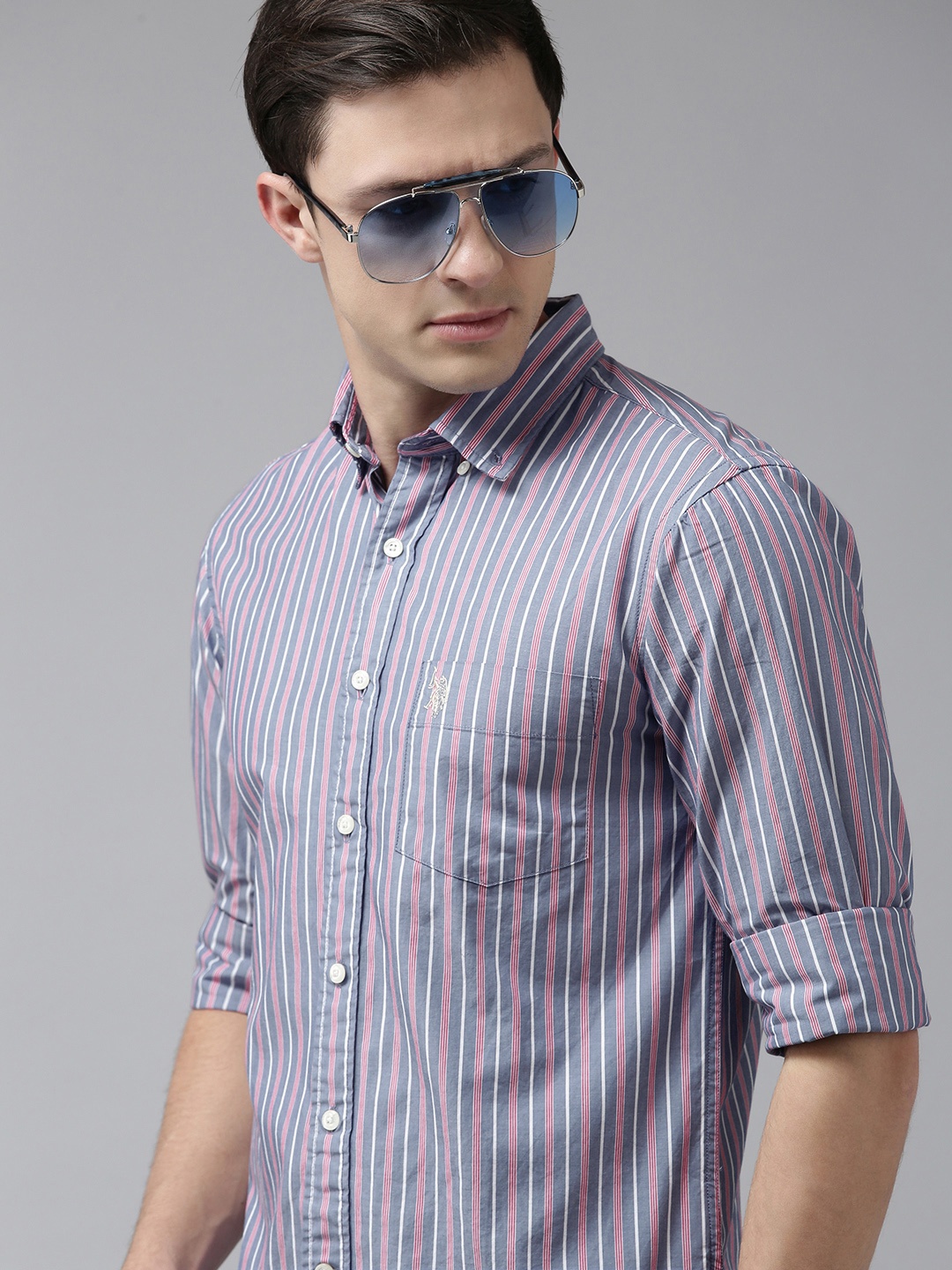 

U S Polo Assn Men Blue And Red Striped Tailored Fit Pure Cotton Casual Shirt