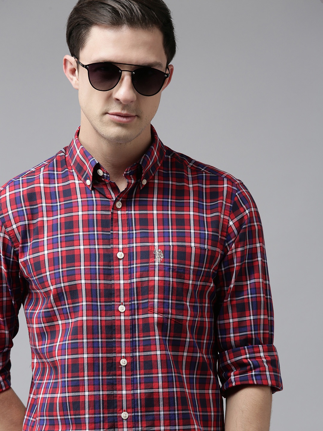 

U S Polo Assn Men Red Tailored Fit Gingham Checked Opaque Casual Shirt