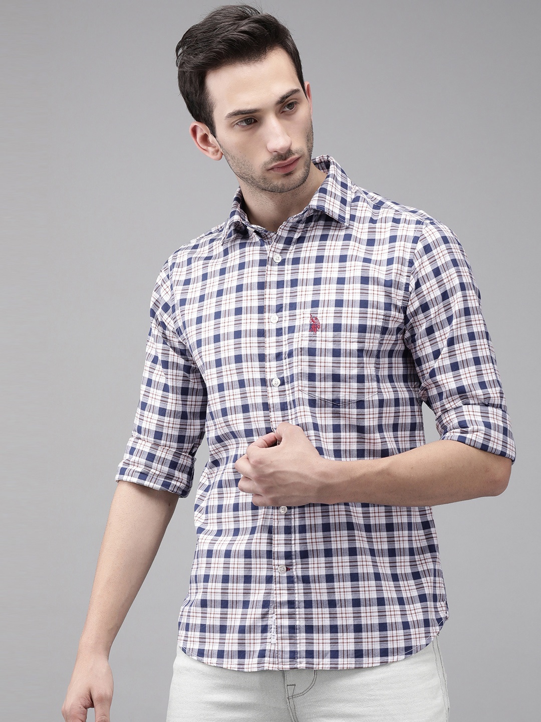 

U S Polo Assn Men Blue Opaque Checked Tailored Fit Cotton Casual Shirt