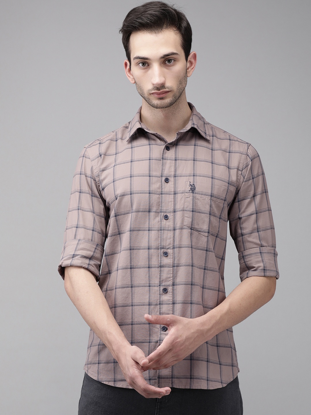 

U S Polo Assn Men Brown Opaque Checked Tailored Fit Cotton Casual Shirt