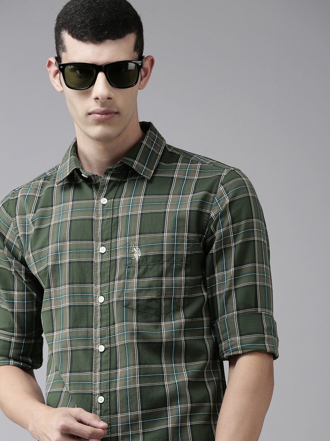 

U S Polo Assn Men Green Tailored Fit Buffalo Checked Pure Cotton Casual Shirt