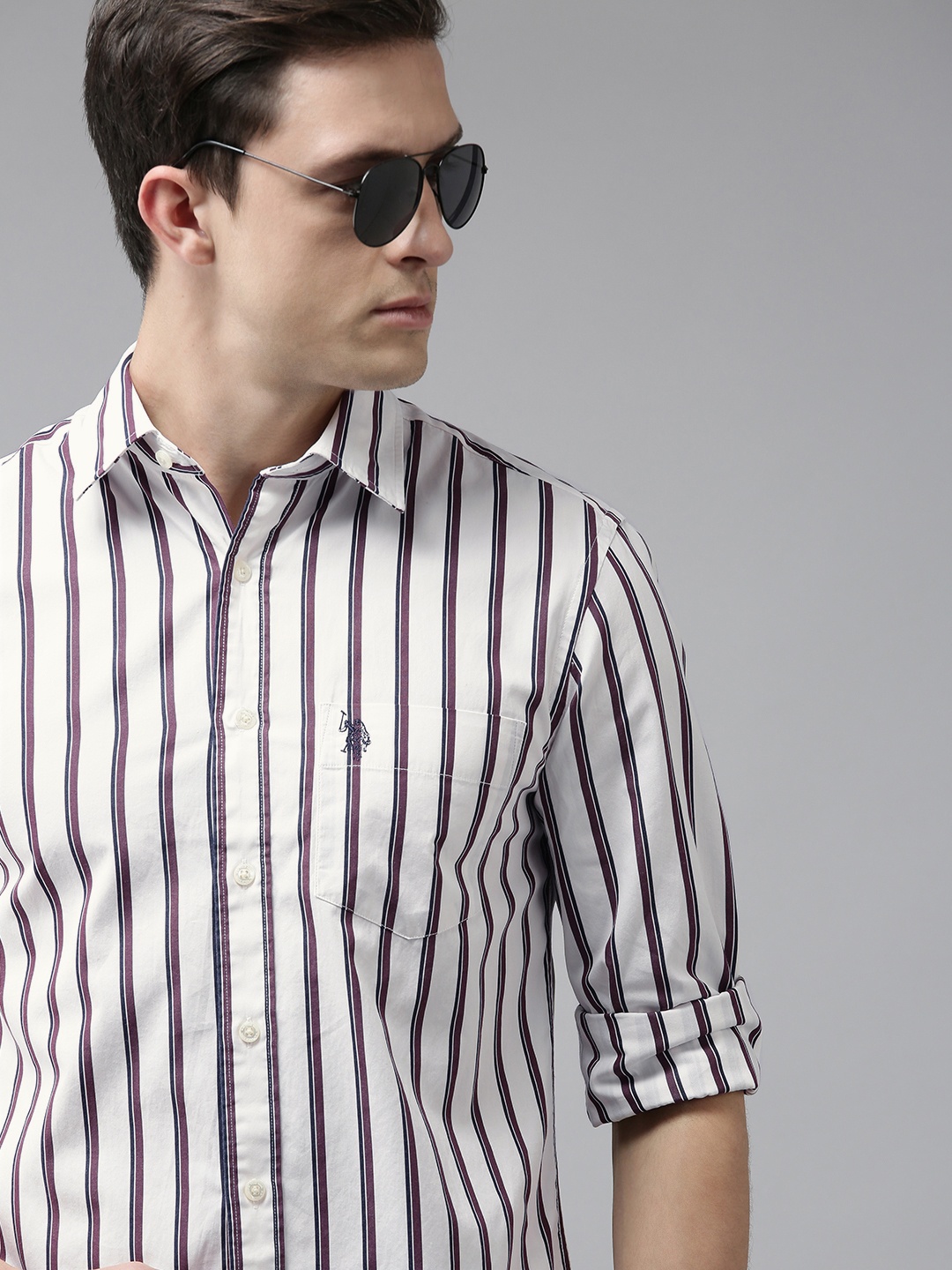 

U S Polo Assn Men White And Burgundy Striped Tailored Fit Pure Cotton Casual Shirt