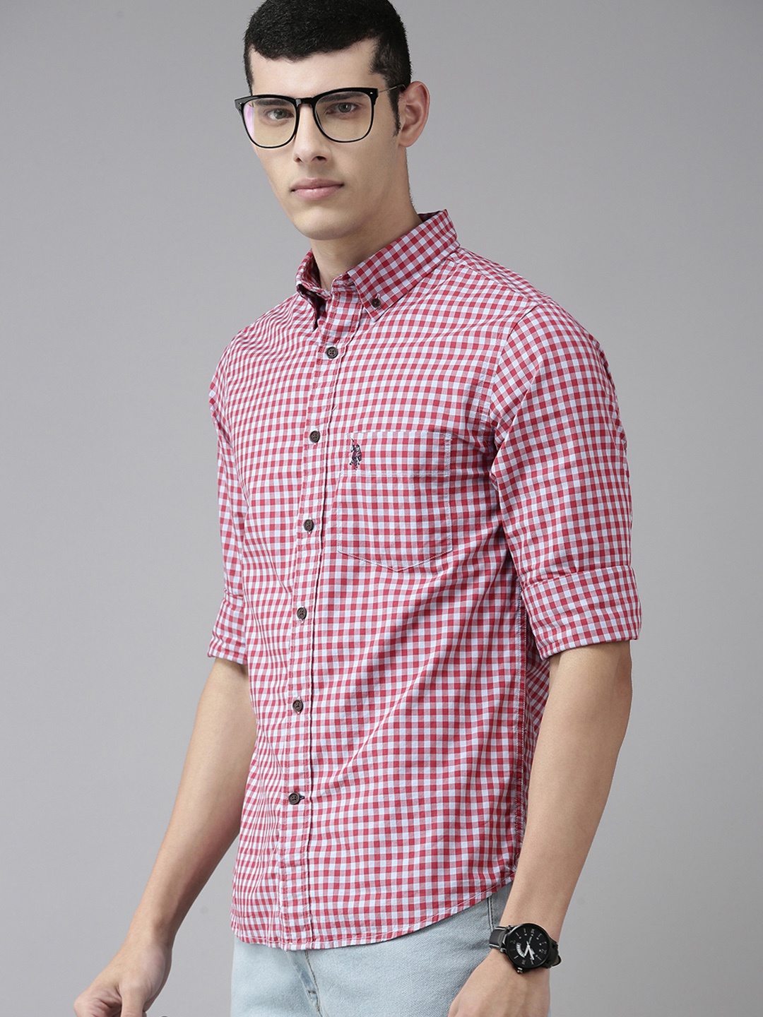 

U. S. Polo Assn. Men Red and White Gingham Checks Opaque Pure Cotton Casual Shirt