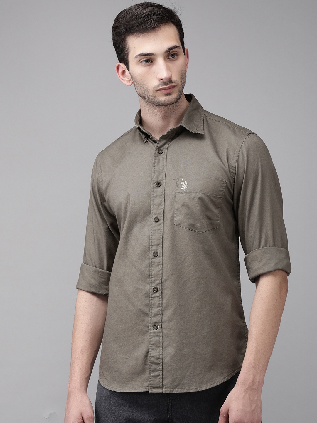 

U S Polo Assn Men Olive Green Solid Tailored Fit Opaque Pure Cotton Casual Shirt