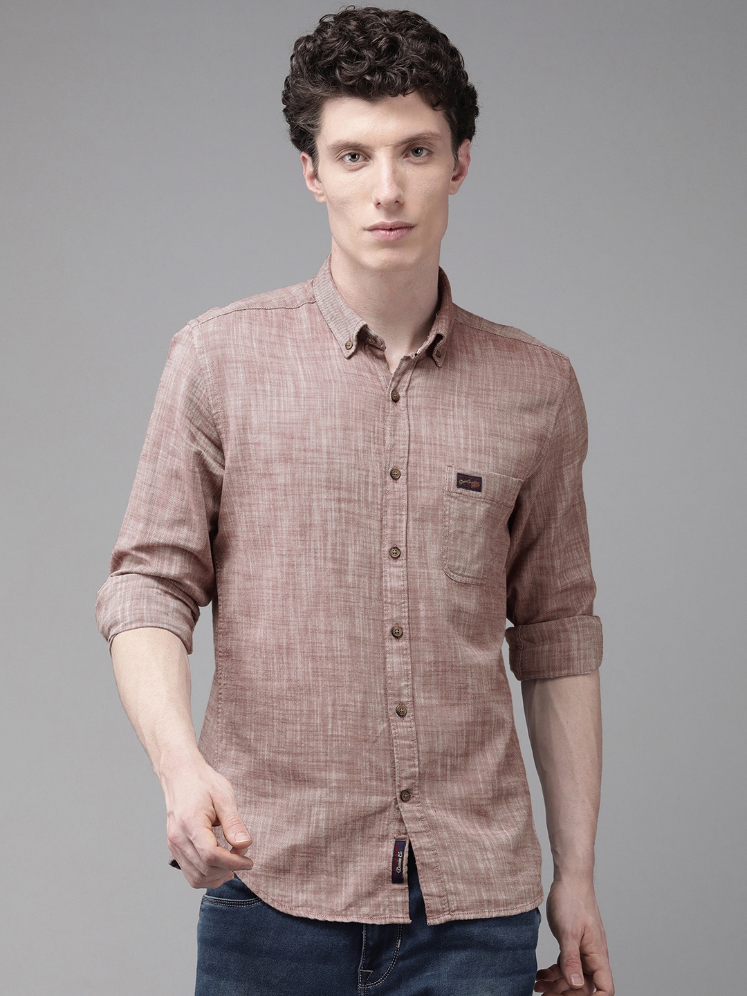 

U S Polo Assn Denim Co Men Brown Opaque Chambray Casual Shirt