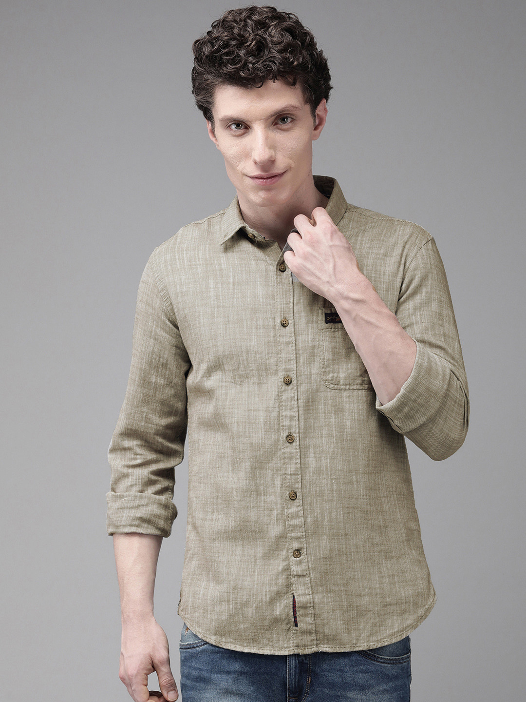 

U S Polo Assn Denim Co Men Green Self-Designed Slim Fit Pure Cotton Casual Shirt