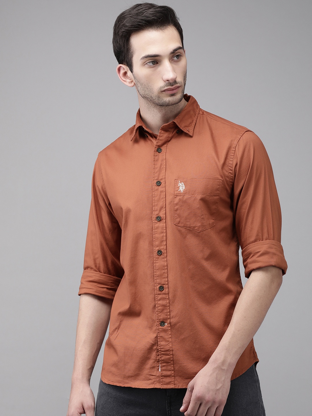 

U S Polo Assn Men Rust Opaque Tailored Fit Cotton Casual Shirt
