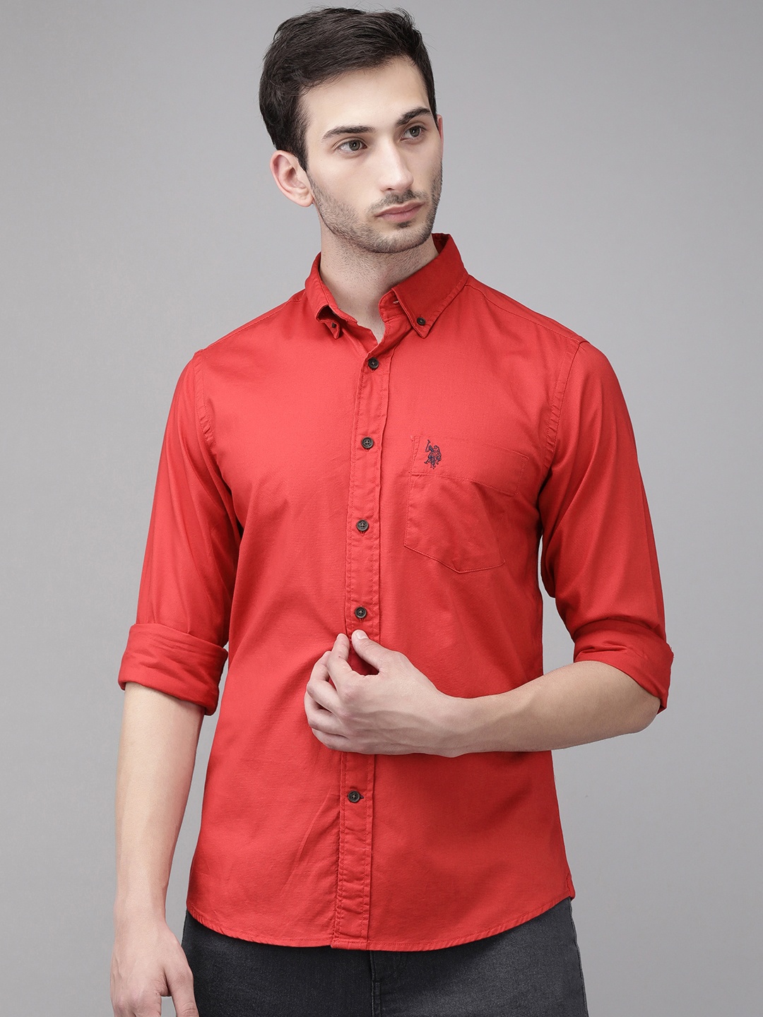 

U S Polo Assn Men Red Solid Pure Cotton Casual Shirt