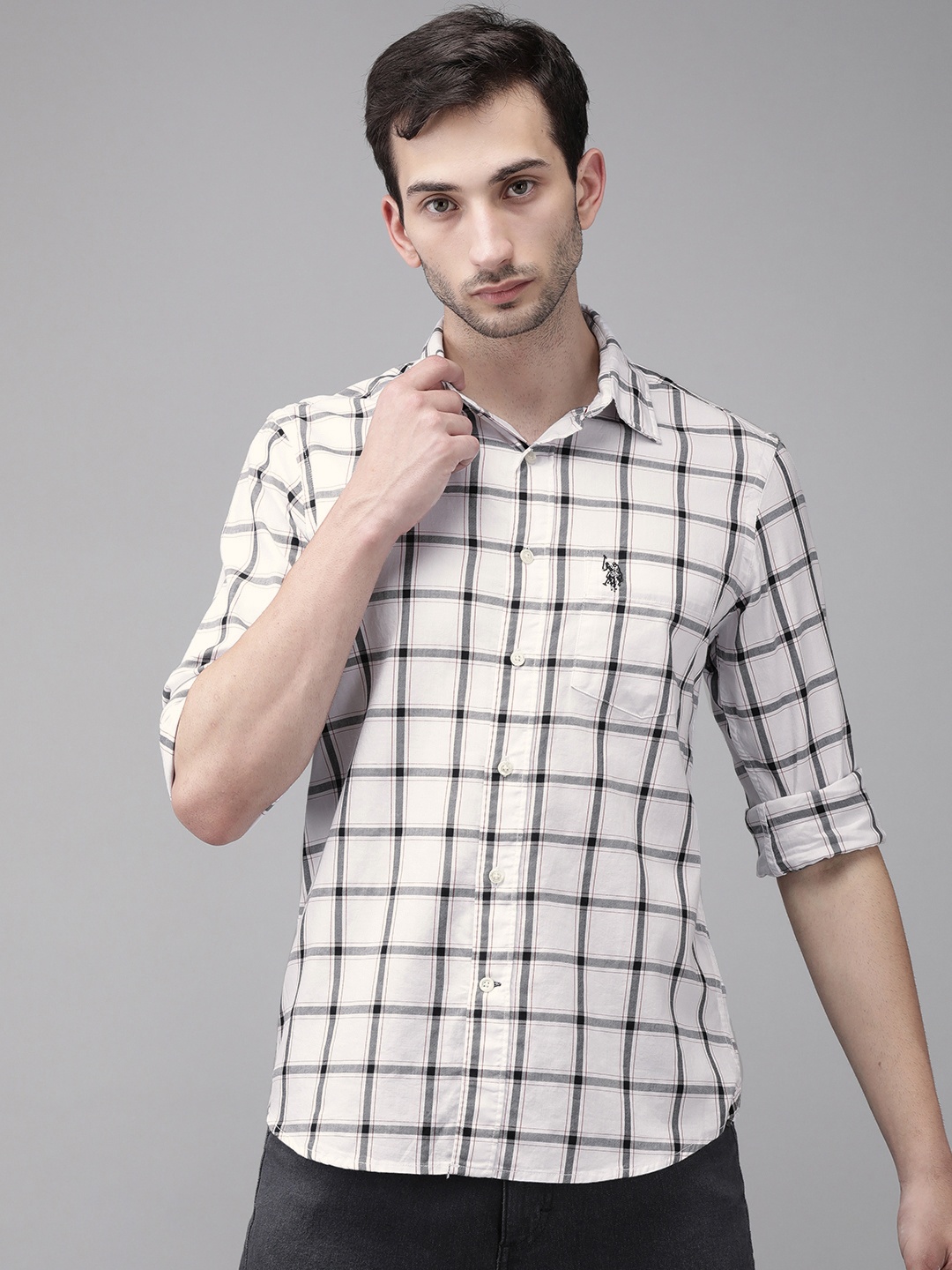 

U. S. Polo Assn. Men White Opaque Checked Pure Cotton Casual Shirt