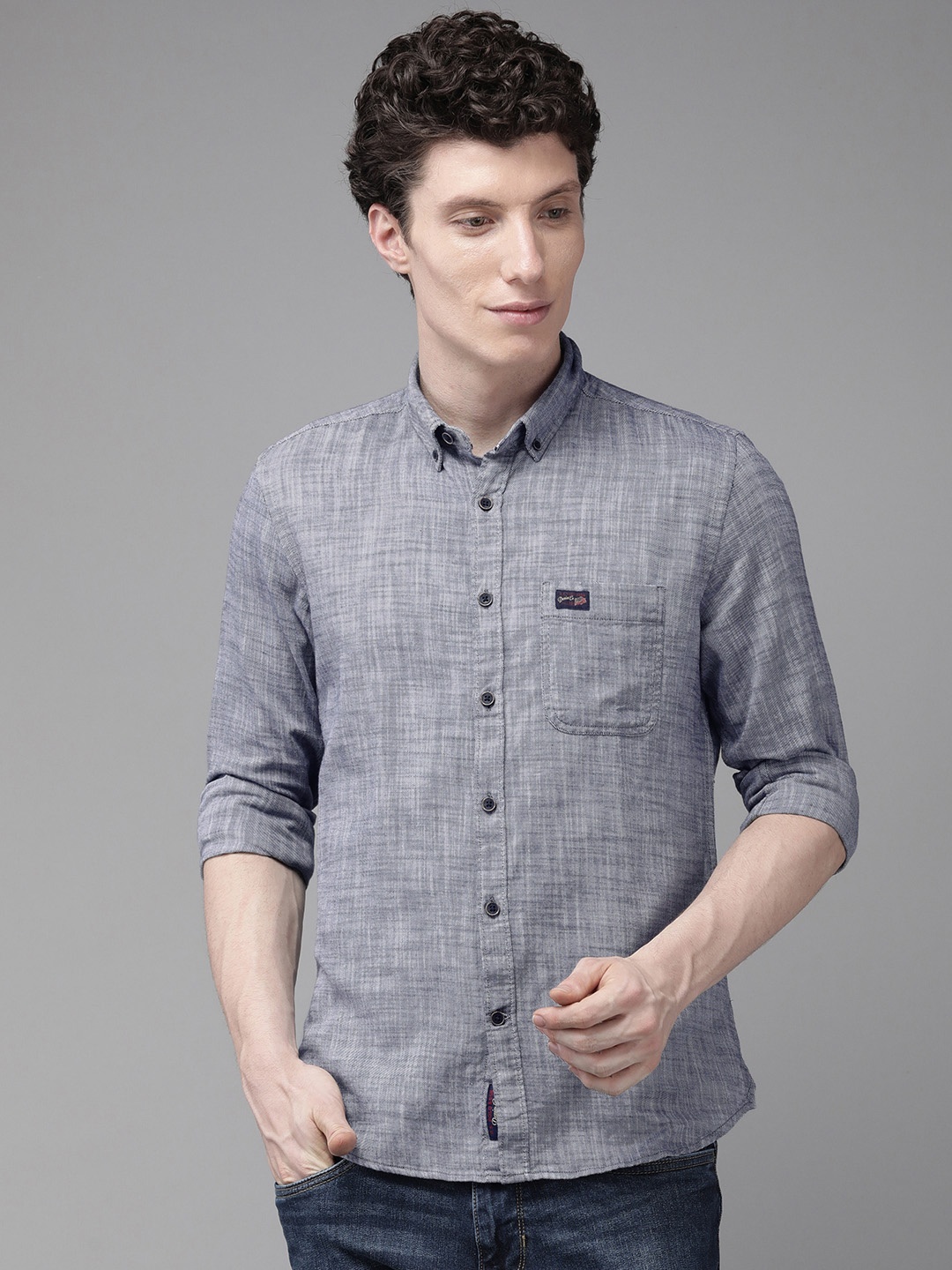 

U.S. Polo Assn. Denim Co. Men Navy Blue Self-Design Slim Fit Pure Cotton Casual Shirt