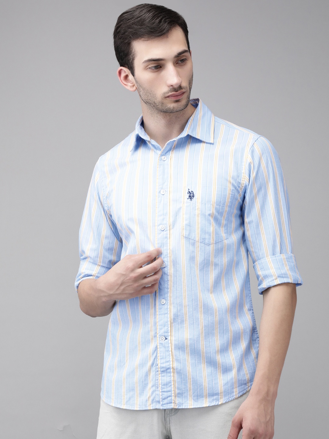 

U S Polo Assn Men Blue & Yellow Tailored Fit Opaque Striped Pure Cotton Casual Shirt