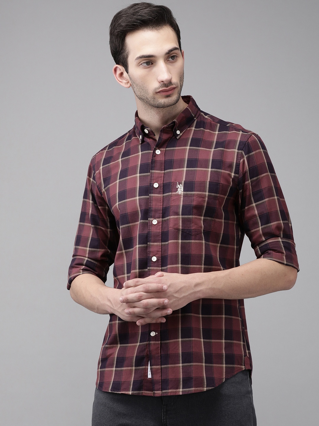 

U S Polo Assn Men Red Opaque Checked Tailored Fit Cotton Casual Shirt