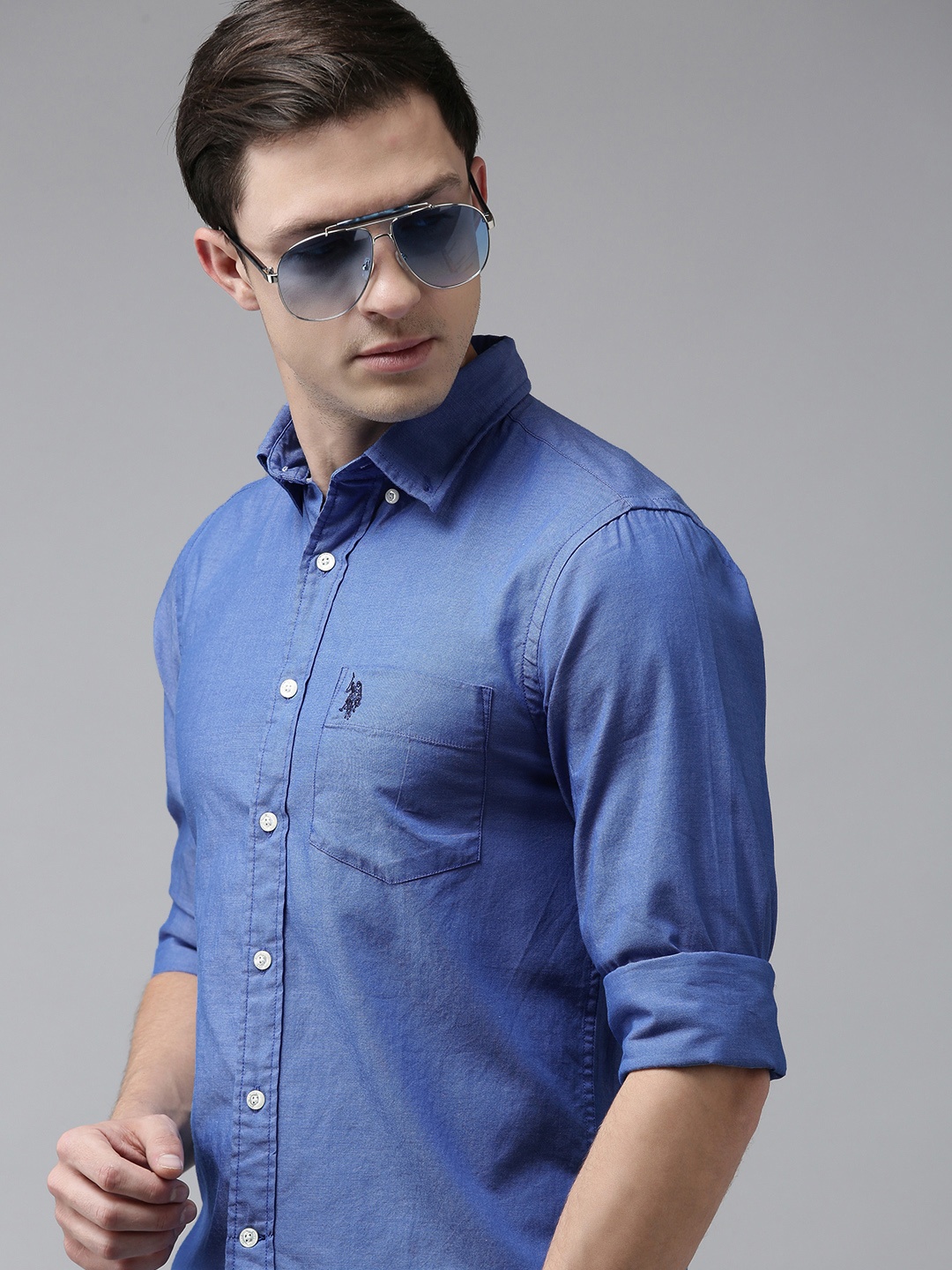 

U S Polo Assn Men Royal Blue Solid Tailored Fit Pure Cotton Casual Shirt