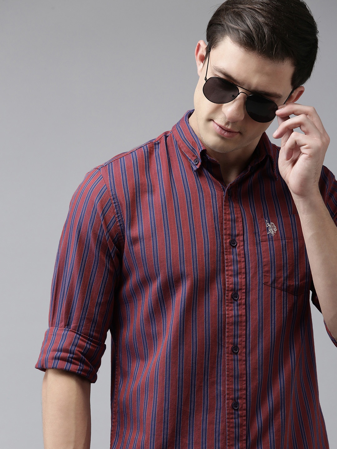 

U S Polo Assn Men Maroon And Blue Striped Tailored Fit Pure Cotton Casual Shirt