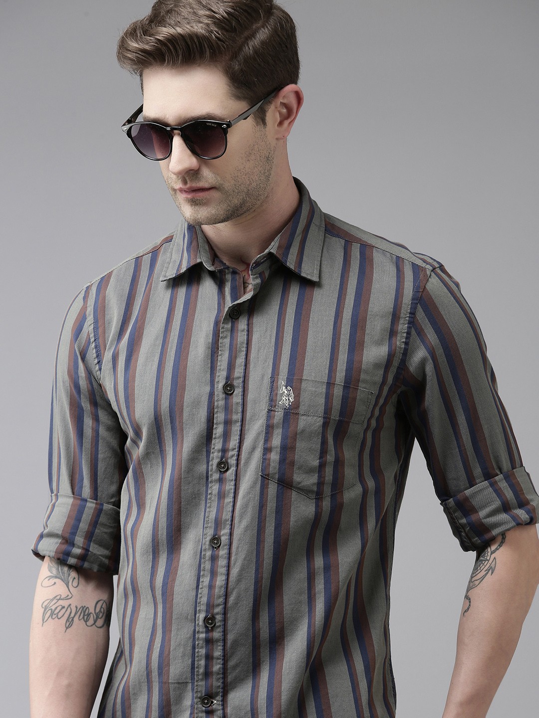 

U S Polo Assn Men Multicoloured Multi Striped Opaque Pure Cotton Casual Shirt