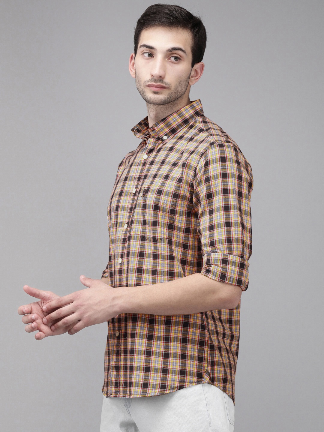 

U S Polo Assn Men Yellow & Black Checked Tailored Fit Pure Cotton Casual Shirt