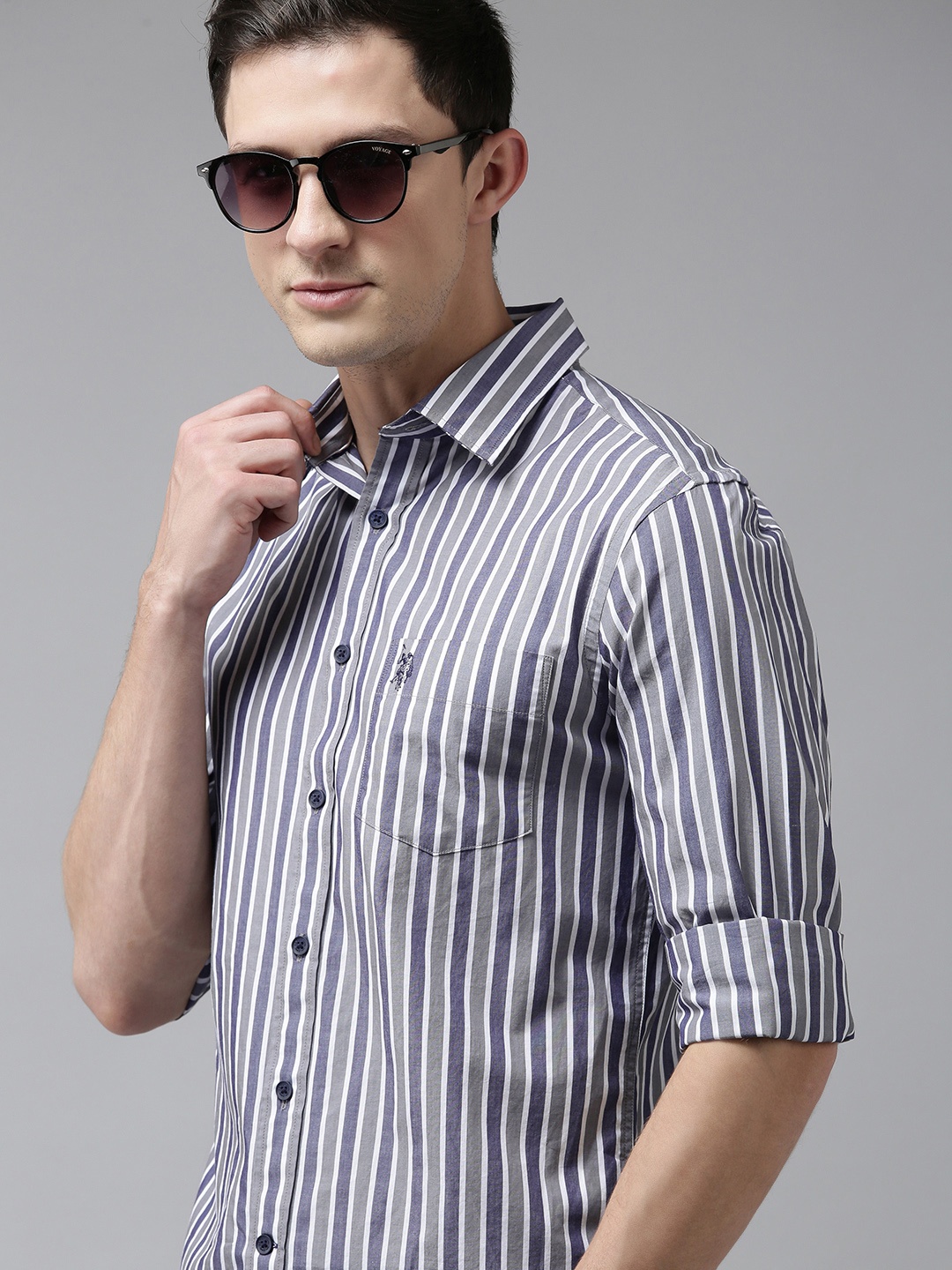 

U S Polo Assn Men Grey And Navy-Blue Striped Tailored Fit Pure Cotton Casual Shirt