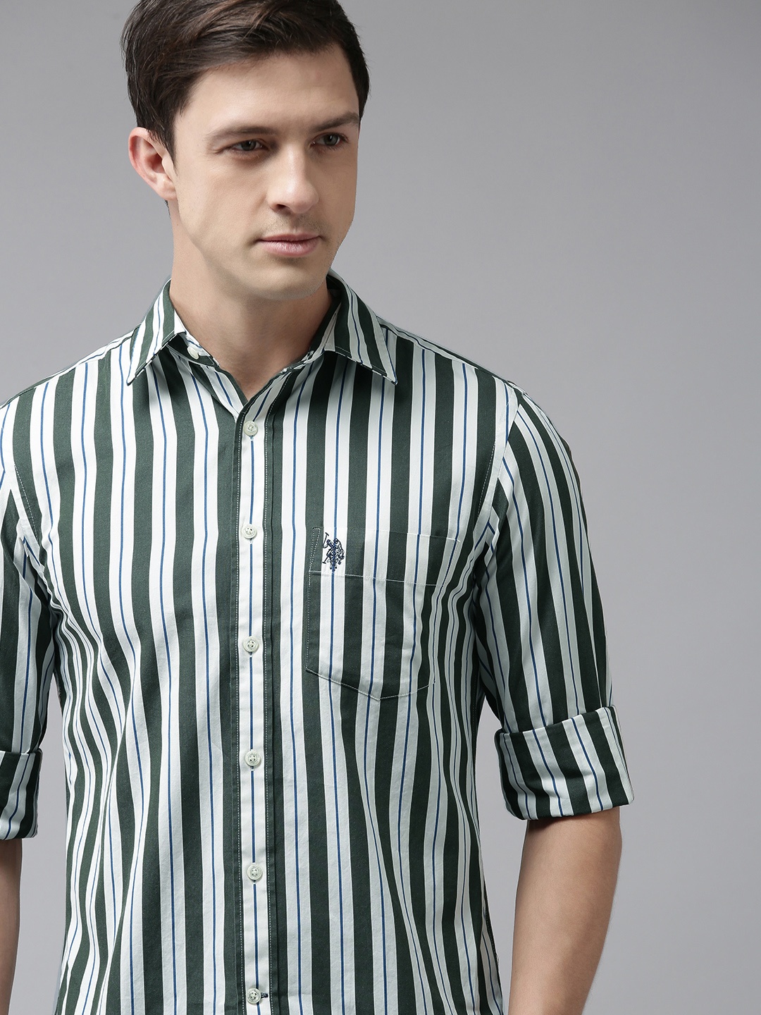 

U S Polo Assn Men Green Tailored Fit Striped Opaque Casual Shirt