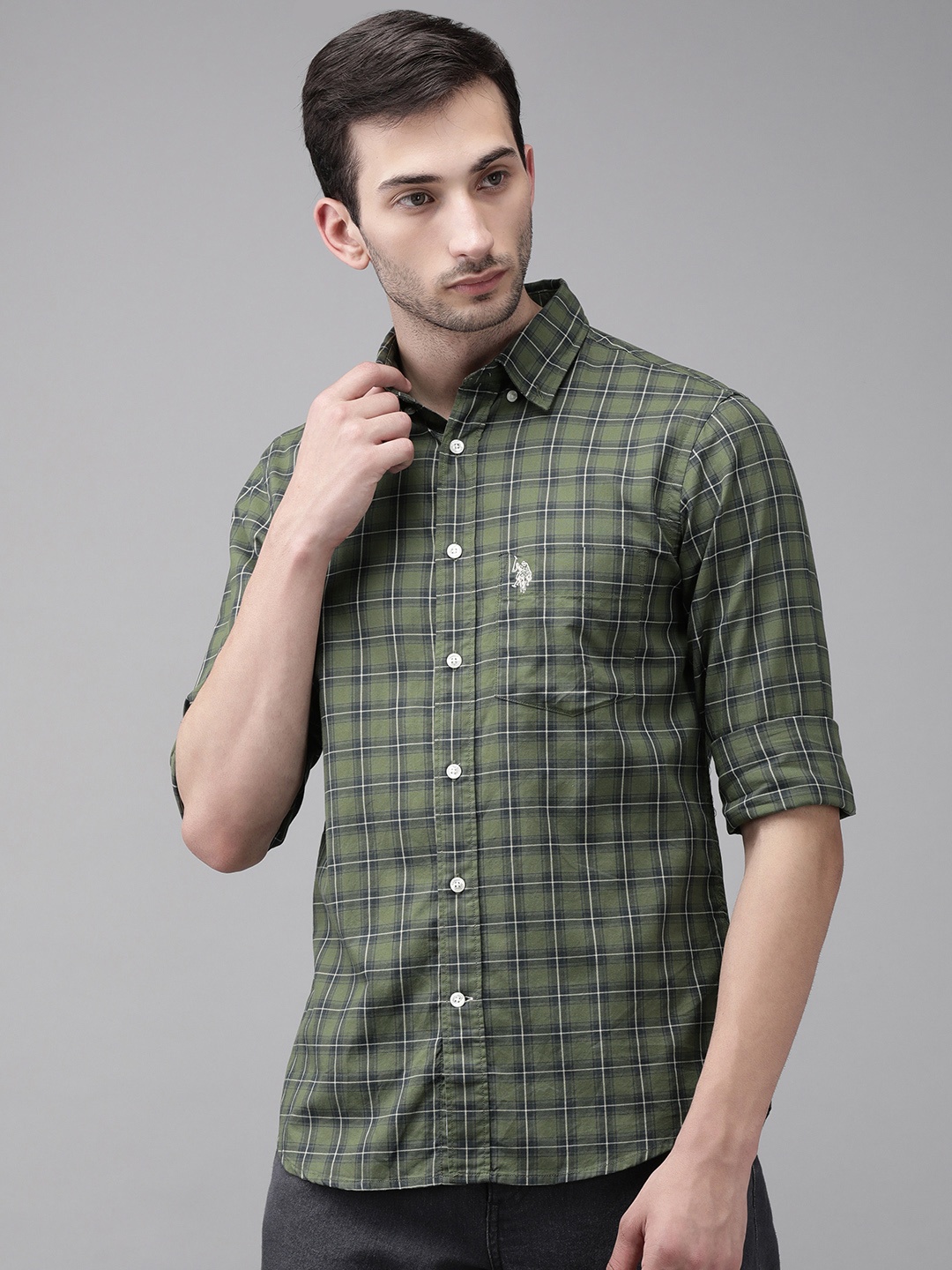 

U S Polo Assn Men Olive Green & Navy Blue Tailored Fit Tartan Checked Cotton Casual Shirt
