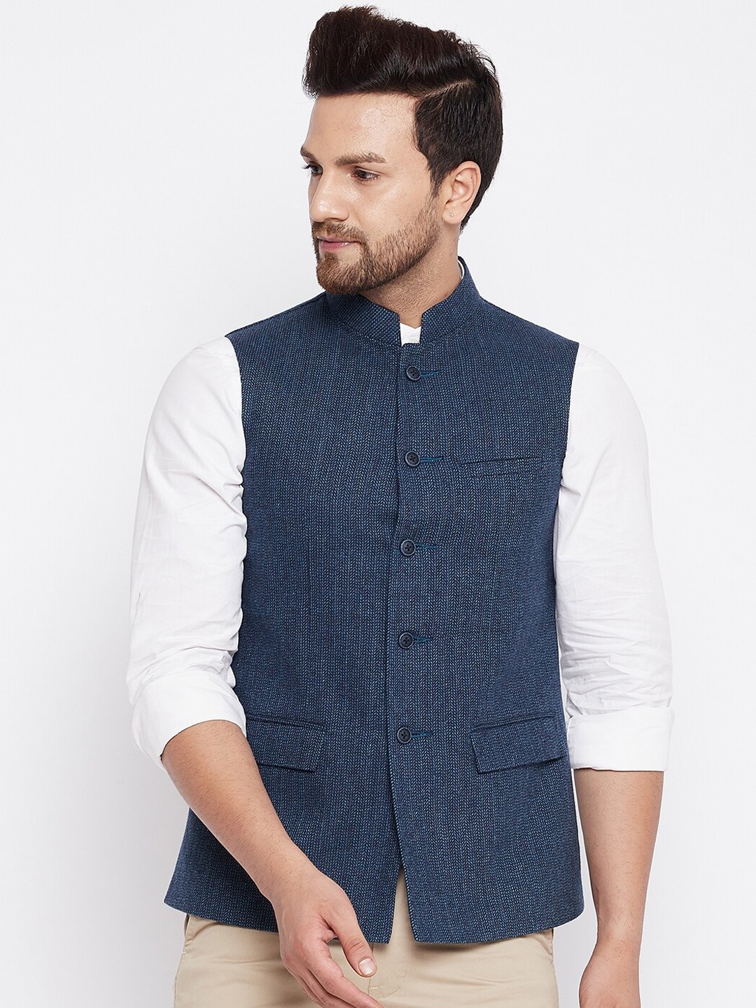 

Spirit Men Navy Blue Woven Design Nehru Jacket