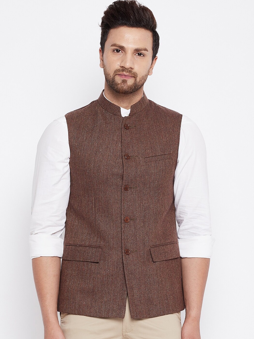 

Spirit Men Brown Woven-Design Nehru Jacket