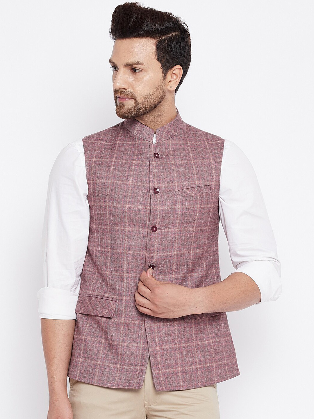 

Spirit Men Pink Checked Woven Nehru Jacket