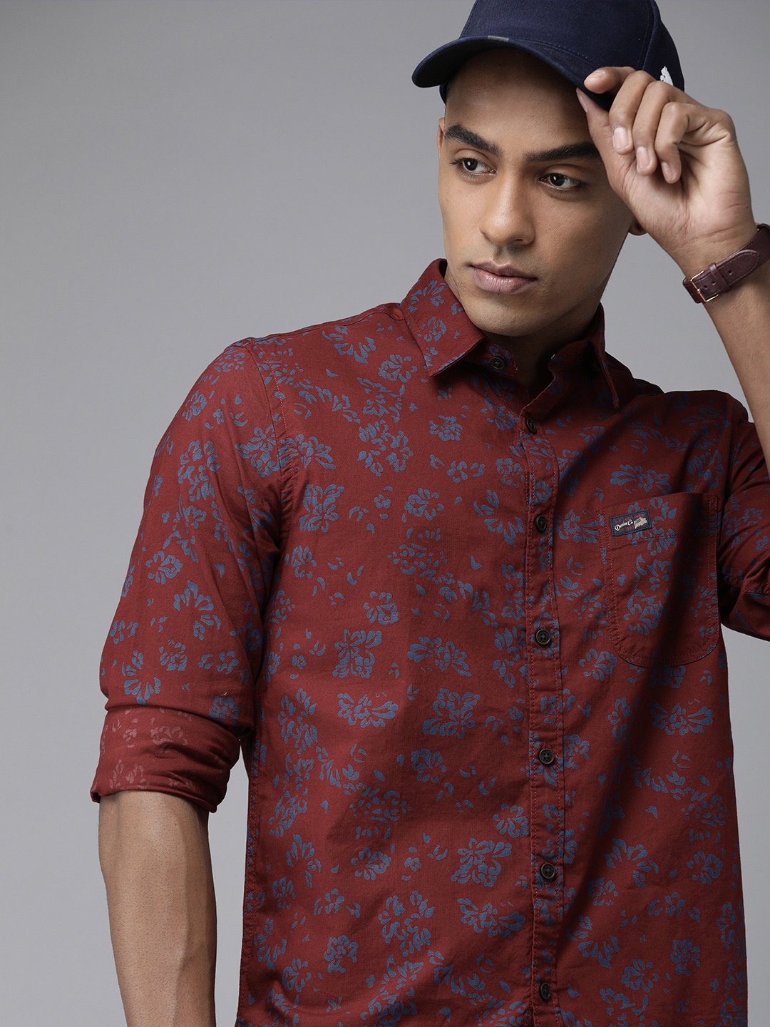 

U S Polo Assn Denim Co Men Rust Slim Fit Floral Opaque Printed Pure Cotton Casual Shirt