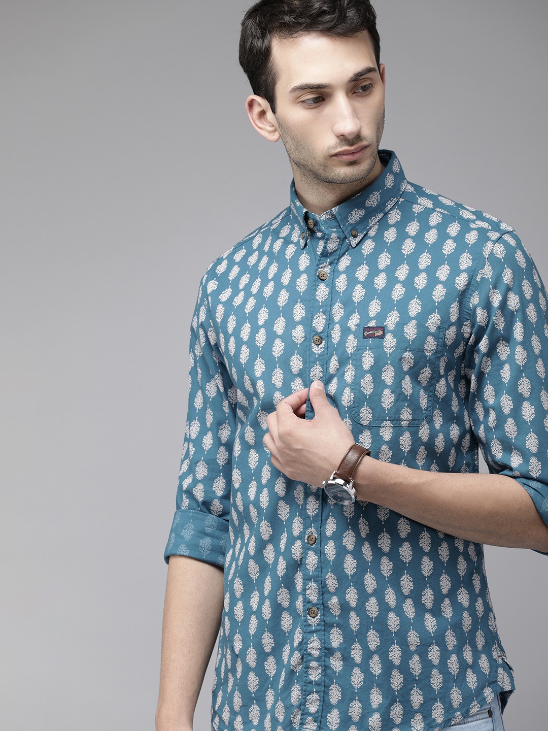 

U S Polo Assn Denim Co Men Teal Blue & White Cotton Printed Casual Shirt