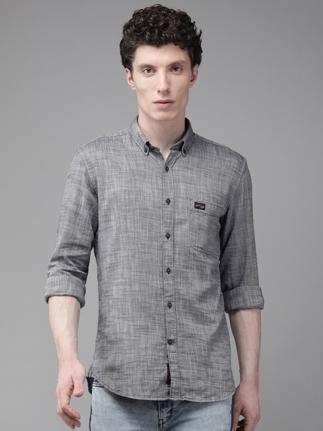 

U S Polo Assn Denim Co Men Grey Opaque Chambray Casual Shirt