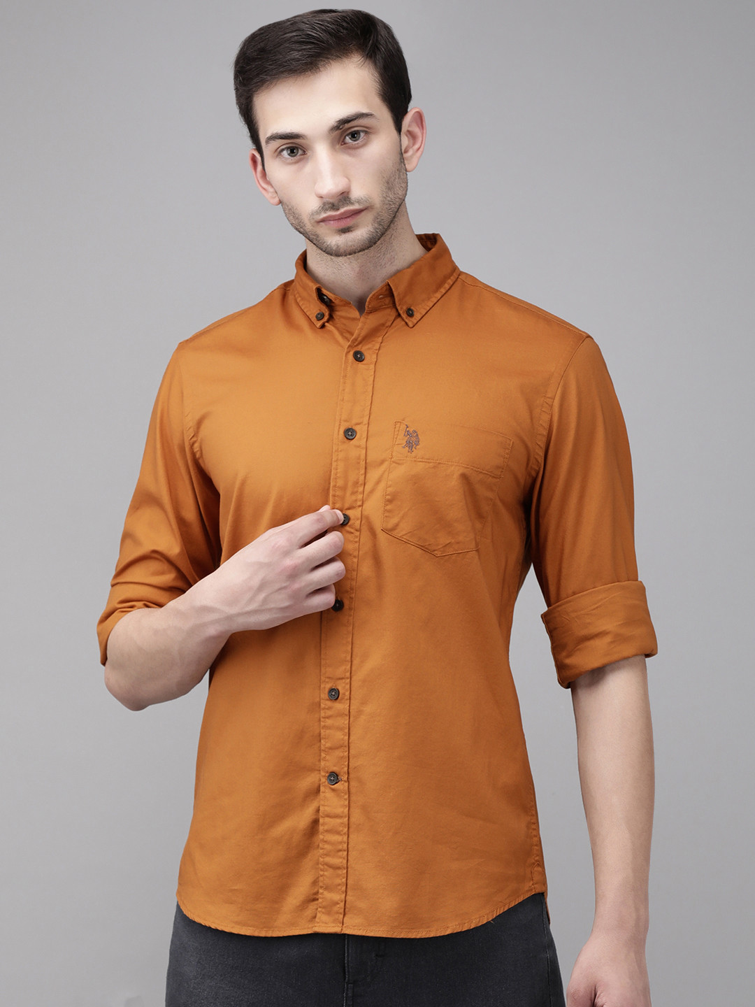 

U S Polo Assn Men Mustard Yellow Solid Tailored Fit Pure Cotton Casual Shirt