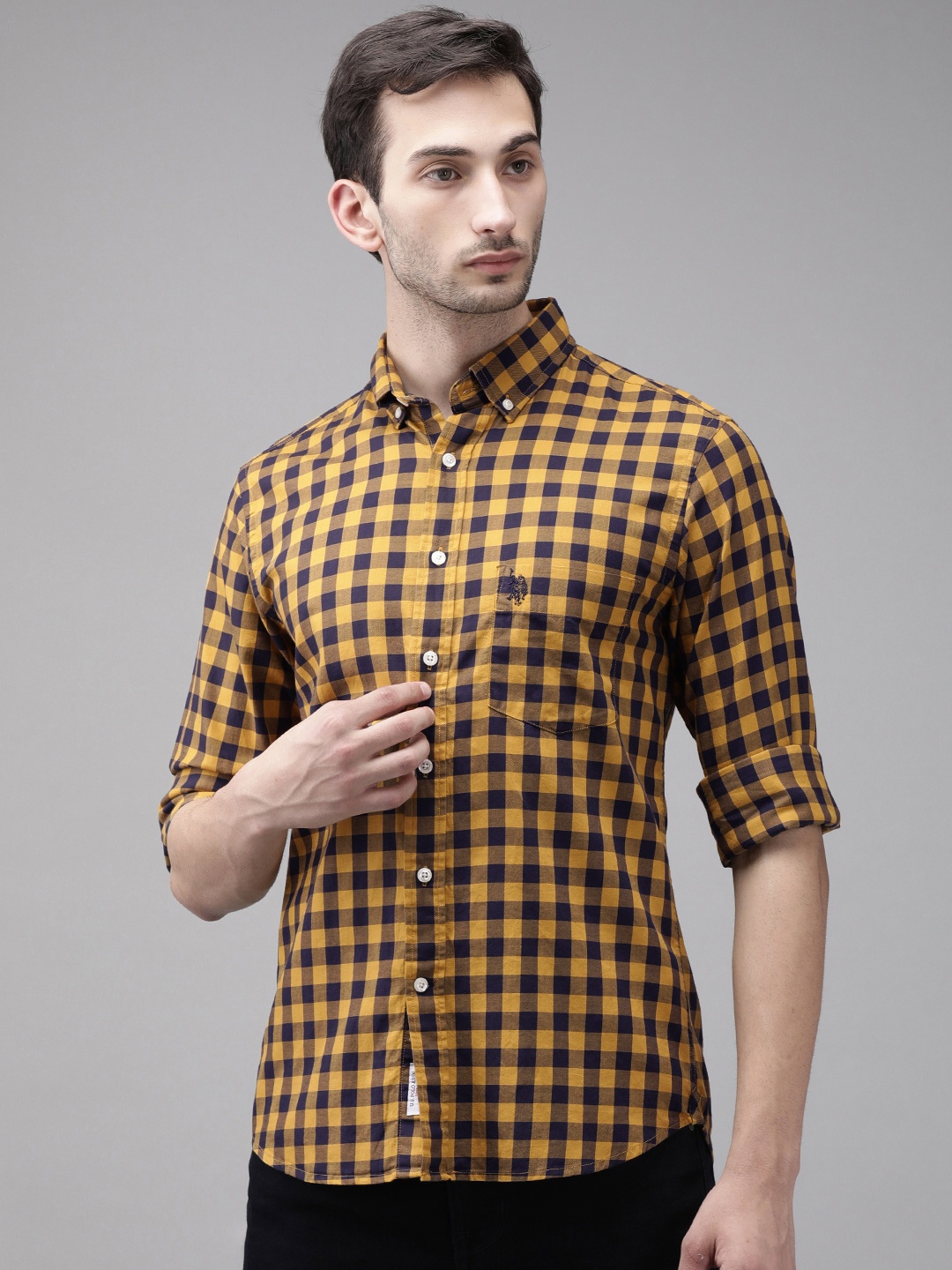 

U. S. Polo Assn. Men Mustard Opaque Checked Pure Cotton Casual Shirt