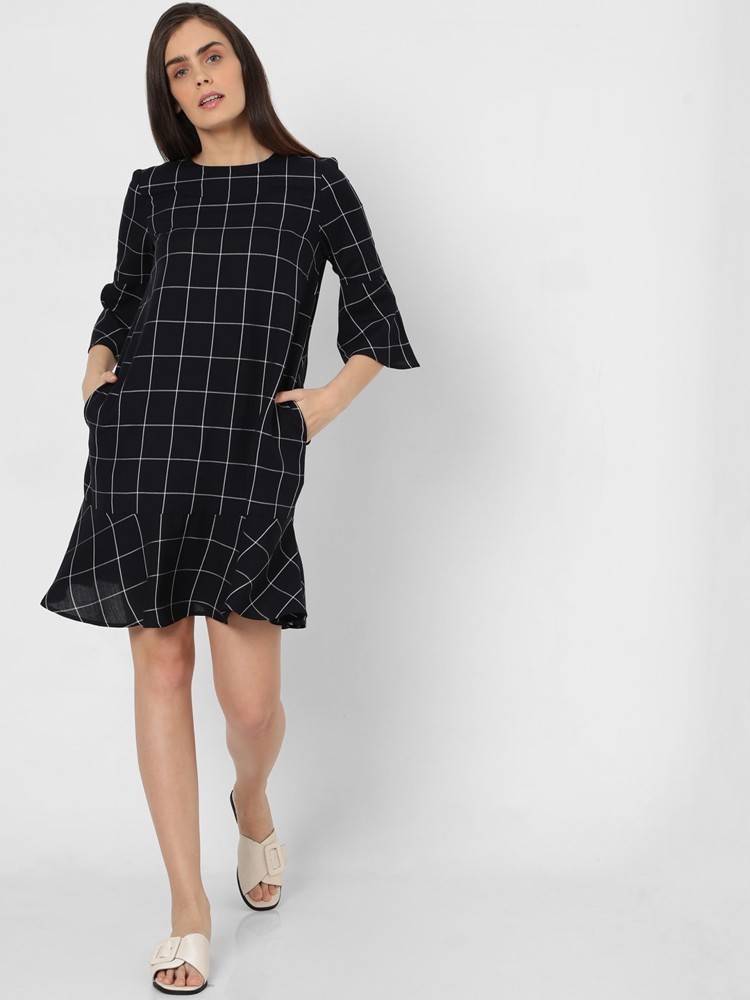 

Vero Moda Navy Blue Checked A-Line Dress