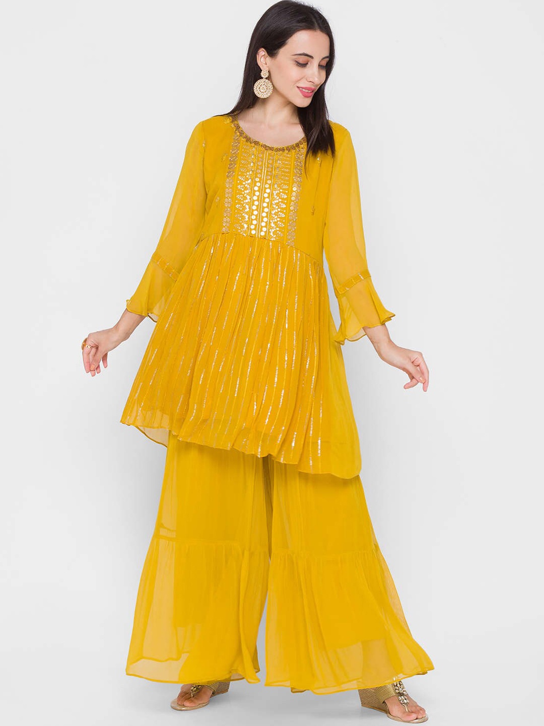 

ZOLA Women Striped Pleated Geoegette Kurti with Sharara, Mustard