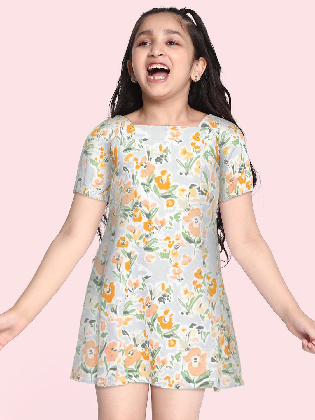 

AND Multicoloured Floral A-Line Smocked Puff Sleeve Dress, Multi