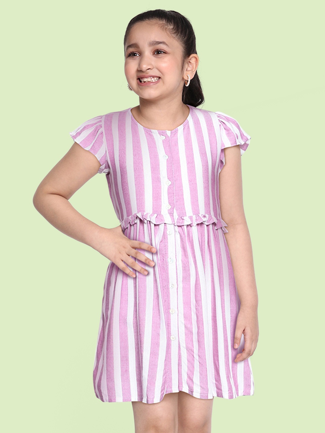 

AND Purple & White Striped Ruffled Button Down Flutter Sleeve Fit & Flare Dress